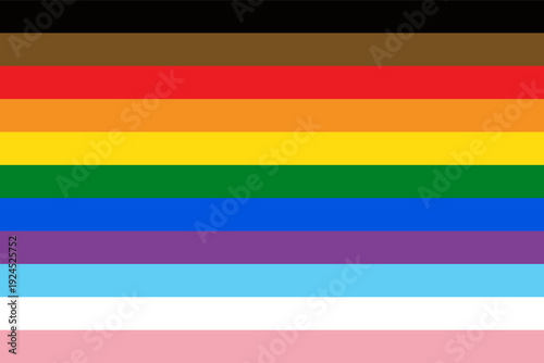 Inclusive Progress Pride Flag with horizontal rainbow stripes and diversity, Comprehensive LGBTQ+ representation including people of color and transgender communities. Broad-spectrum graphic 