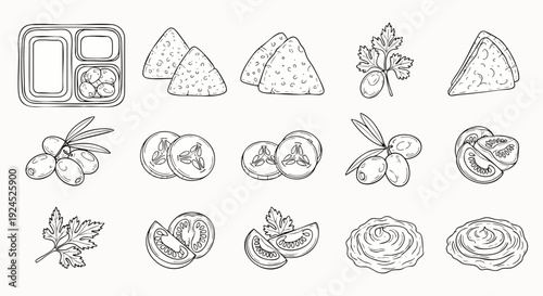 Hand-drawn vector set of Mediterranean and Middle Eastern food. Sketch illustrations featuring olives, hummus, pastries, fresh vegetables, and dips.