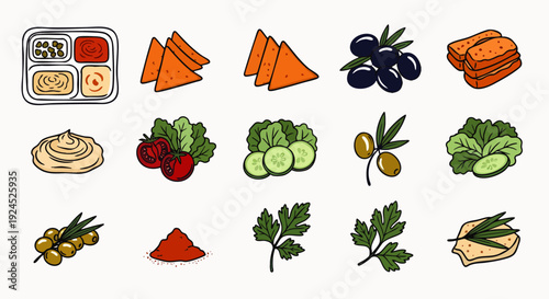 Delicious Mediterranean Food Ingredients Collection: Hummus, Olives, Fresh Vegetables, Pita Bread, and Spices for Healthy Eating, Snacks, and Dips