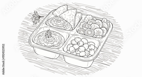 Detailed line art illustration of a healthy Mediterranean bento box meal with hummus, pita bread, fresh salad, and olives, perfect for food-related graphics.