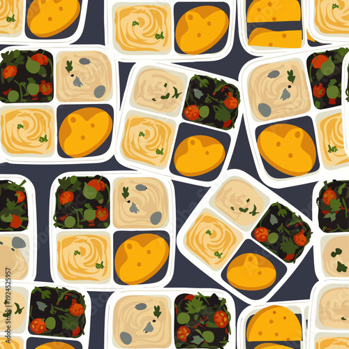 Seamless pattern of healthy meal prep containers with hummus, salad, and falafel, top view, flat illustration