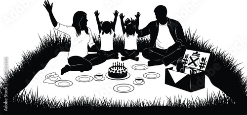 Happy family silhouette picnic celebration in grass, birthday cake, father mother and children sitting on blanket, outdoors summer park, isolated.