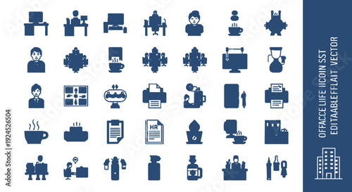 Collection of thirty blue office life icons on white background editable flat vector illustration for business and workspace concepts