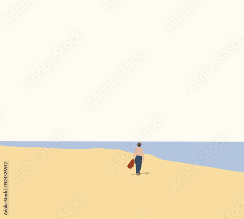 Man holding orange cloth walking on the beach during holiday vacation. Beautiful tropical seashore.