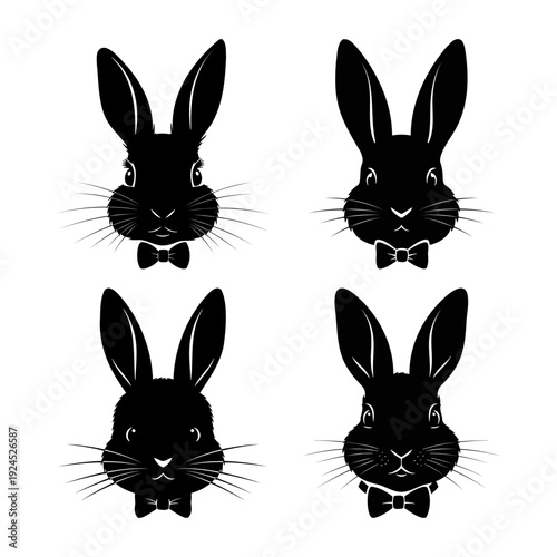 Set of cute bunny face silhouettes wearing bow ties for spring festival posters and kids party invitations