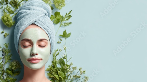 Organic spa with botanical display, Professional beauty composition featuring a relaxed female model on light blue background enjoying a nourishing facial application.