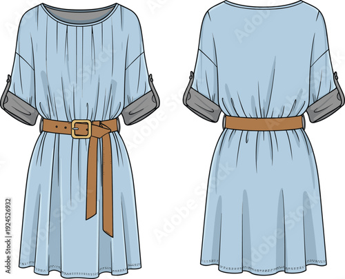 Light blue short sleeve tunic dress with brown belt technical flat sketch, front and back view fashion CAD illustration, template.