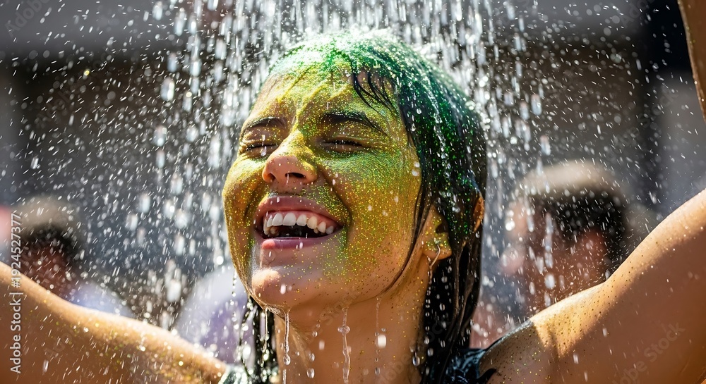 Fototapeta premium A joyful woman washes off colorful powder in shower. Brazilian green and yellow colors in 2026 soccer world championship.