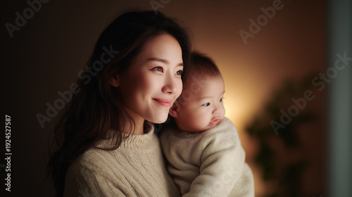 Natural portrait of smiling Asian mother holding her baby warmly indoors with soft lighting creating cozy and loving atmosphere