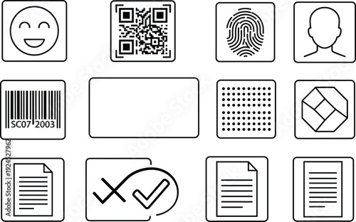 Digital identification and document icon set vector illustration, QR code fingerprint barcode and user profile symbols, paper files and data elements,