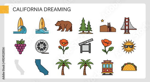 California Dreaming vector icons A comprehensive collection of flat design illustrations showcasing the Golden State's iconic landmarks, natural beauty, and vibrant culture