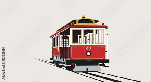 Vibrant illustration of a classic red cable car on city tracks, embodying urban heritage and iconic public transportation for nostalgic travel experiences