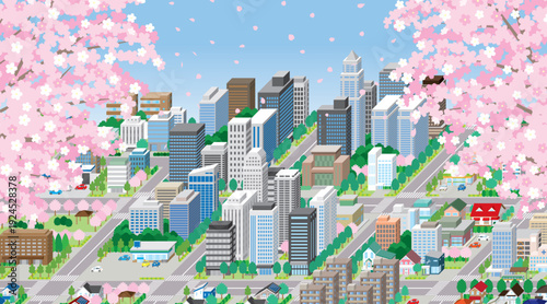 春の街並み. アイソメ図で描いた都市.