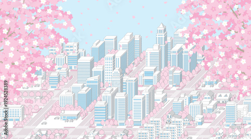 春の街並み. アイソメ図で描いた都市.