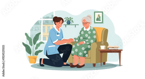 Senior Woman Receiving Home Healthcare Support – Friendly Nurse Providing Comfort and Assistance Vector Art