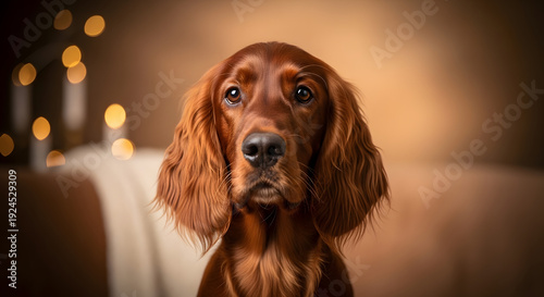 A cute Irish Setter dog sitting in a cozy living room with warm lights.