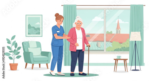 Healthcare Worker Supporting Elderly Patient at Home – Senior Assistance, Medical Care, and Emotional Support Vector