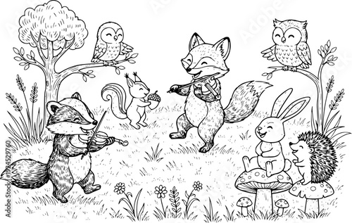 Whimsical engraving illustration featuring cute animals on a lea
