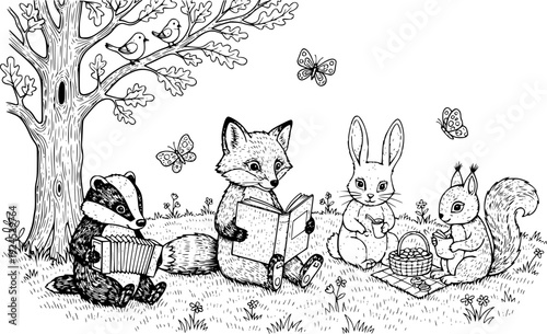 Whimsical engraving illustration featuring cute animals on a lea
