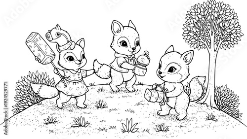 Whimsical engraving illustration featuring cute animals on a lea
