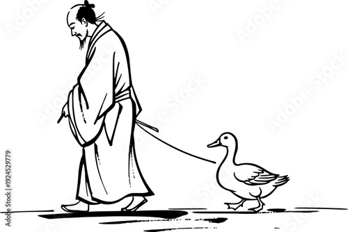 Serene Sumi-e Illustration: A Tranquil Scene of Man Leading Duck
