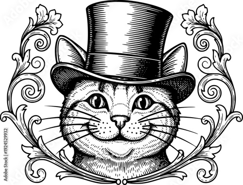 Delightful Engraving of Smiling Cat with Top Hat Surrounded by F
