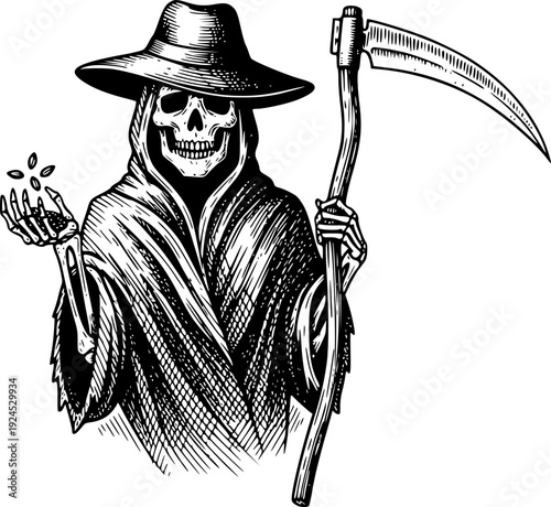 Engraved Illustration of a Grim Reaper Figure with Hat and Seeds
