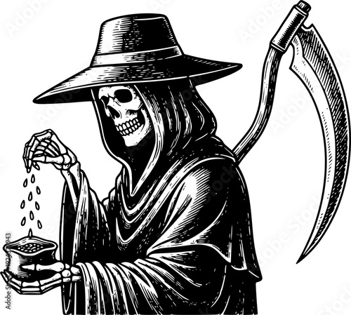 Engraved Illustration of a Grim Reaper Figure with Hat and Seeds
