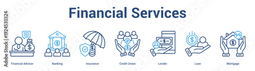 Financial Services web banner icon set vector illustration concept for business with icon of Financial Advisor, Banking, Insurance, Credit Union, Lend.