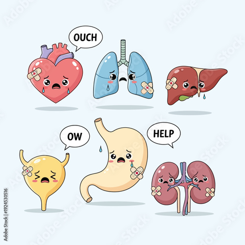 Cute Sick Organs Cartoon Vector Illustration – Kawaii Medical Health Concept Art
