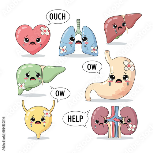 Cute Sick Organs Cartoon Vector Illustration – Kawaii Medical Health Concept Art
