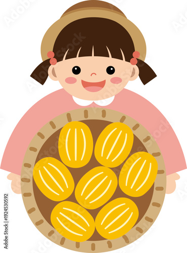 참외 바구니를 들고 있는 어린이