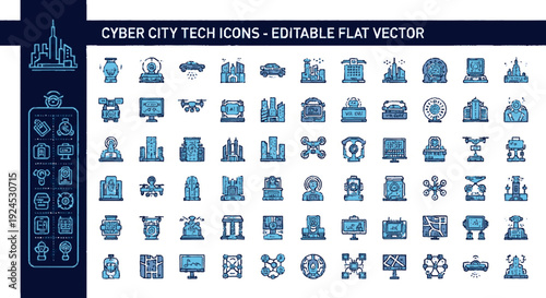 Collection of blue cyber city tech icons editable flat vector graphics modern cityscape elements digital technology symbols urban