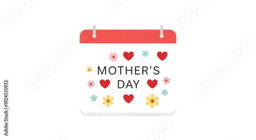 Mother's day calendar page with colorful hearts and flowers on white background