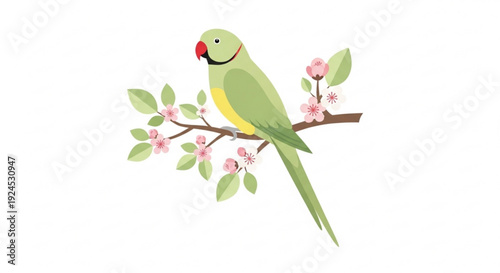 Green parrot perched on a flowering branch with pink blossoms and leaves bird sitting on a tree limb with vibrant plumage
