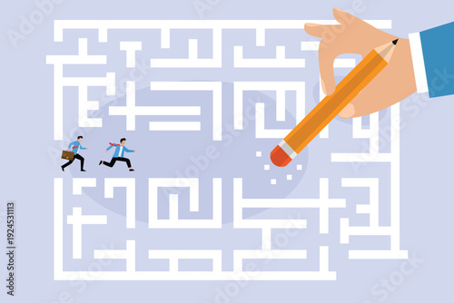 Giant Hand Erasing Path Through Maze for Businessmen Representing Strategy and Problem Solving 2d flat vector illustration