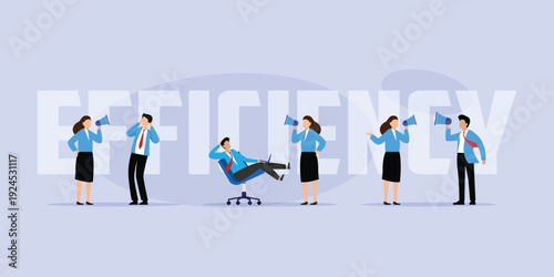 Corporate Team with Megaphones Screaming at Relaxed Coworker for Workplace Efficiency 2d flat vector illustration