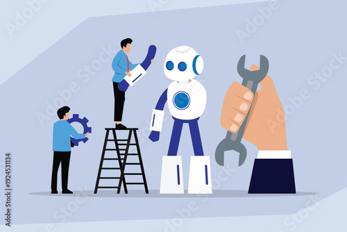 Team of Engineers and Technicians Maintaining and Repairing Artificial Intelligence Robot 2d flat vector illustration