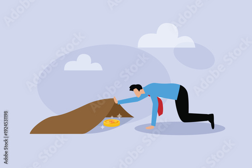 Businessman Lifting Rug to Discover Hidden Gold Coin and Secret Savings 2d flat vector illustration
