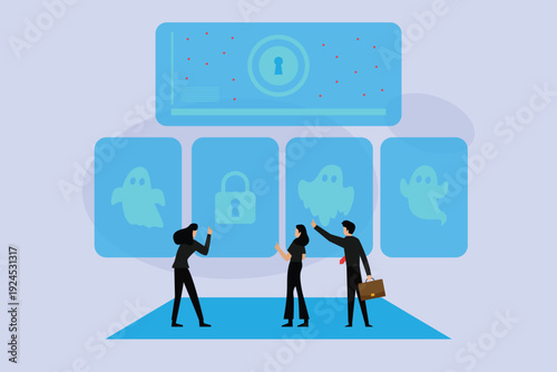 Cybersecurity Threats and Data Privacy Concept with Business People Facing Digital Ghosts and Locked Data Panels 2d flat vector illustration