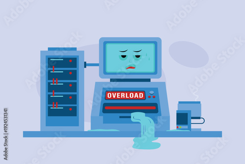 Server Overload and System Crash Concept with Exhausted Computer Character and Data Leaking from Hardware 2d flat vector illustration