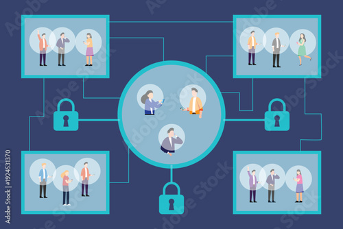 Secure Digital Networking Concept with People in Protected Communication Bubbles and Data Encryption Locks 2d flat vector illustration
