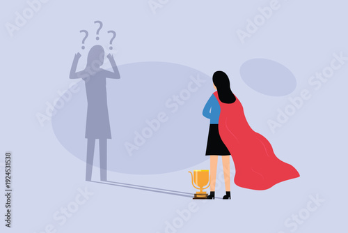 Successful Businesswoman in Superhero Cape with Questioning Shadow and Trophy 2d flat vector illustration