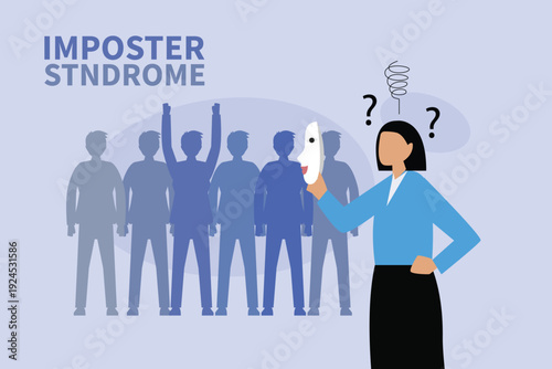 Businesswoman with Mask and Question Marks Illustrating Imposter Syndrome Concept 2d flat vector illustration