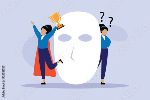 Woman with Imposter Syndrome Hiding Success and Trophy Behind a Mask of Doubt and Confusion 2d flat vector illustration