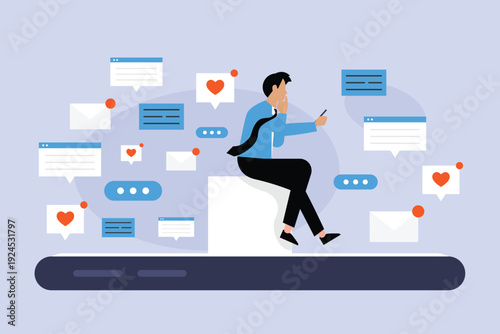 Man Overwhelmed by Social Media Notifications and Digital Communication 2d flat vector illustration