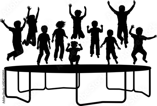 Group of children jumping on trampoline silhouette vector illustration, joyful kids outdoor play activity concept, fun recreation and energetic movement scene