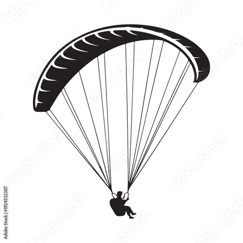 Black and white illustration of a paraglider soaring through the air
