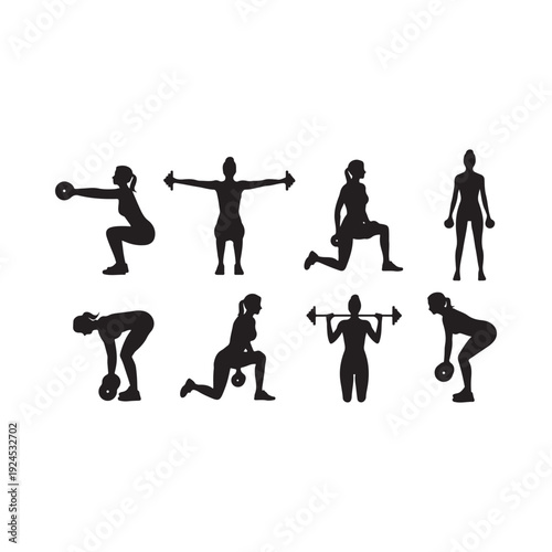 Silhouette illustrations depicting various fitness exercises and weightlifting poses
