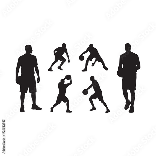Silhouettes of basketball players in various action poses against a white background